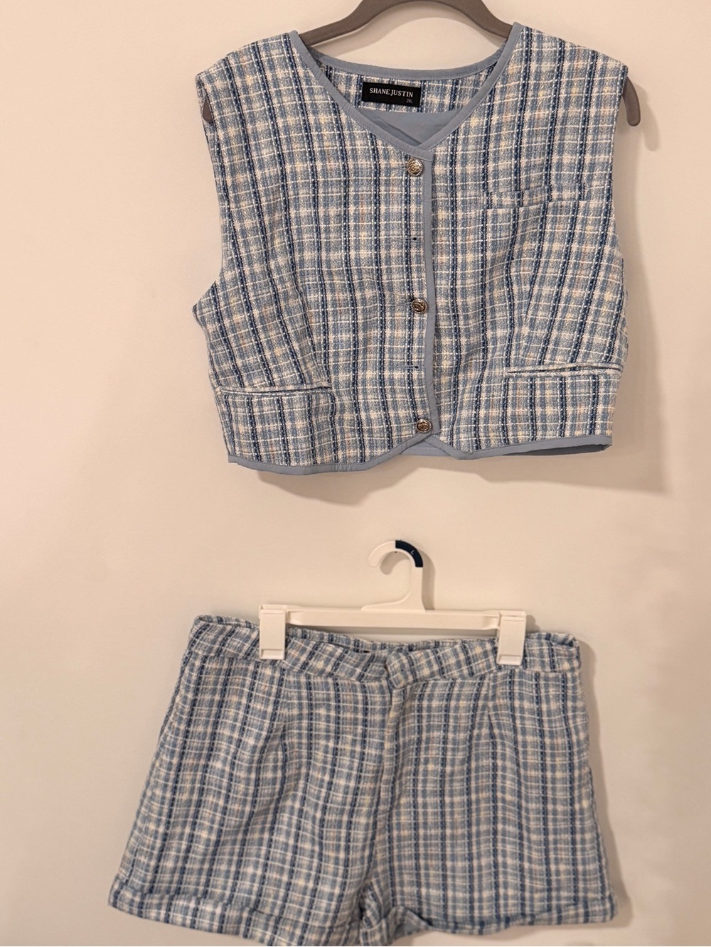 Shane Justin Blue & White Plaid Tweed Shorts Set - Crop Vest & High-Waist Shorts
